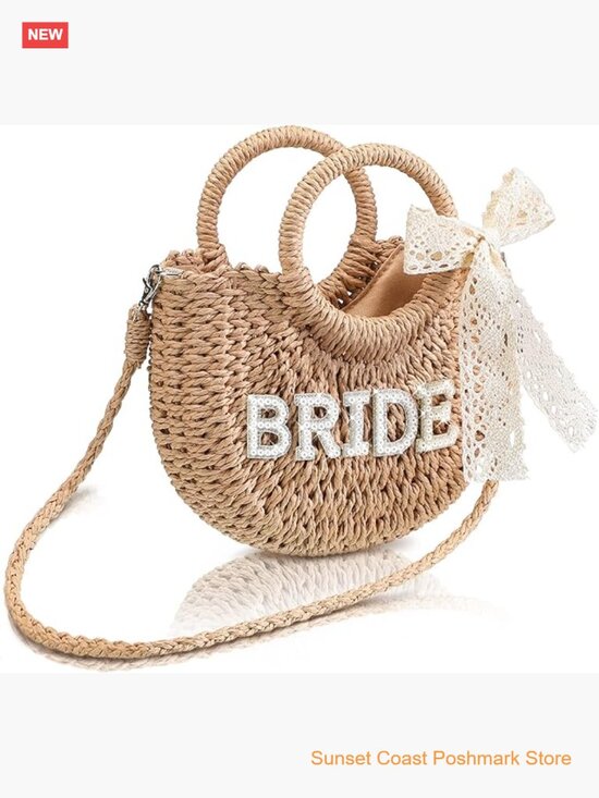 Handbags - Straw Handwoven Pouch Tote Bride Gift Bag Rhinestone Letter